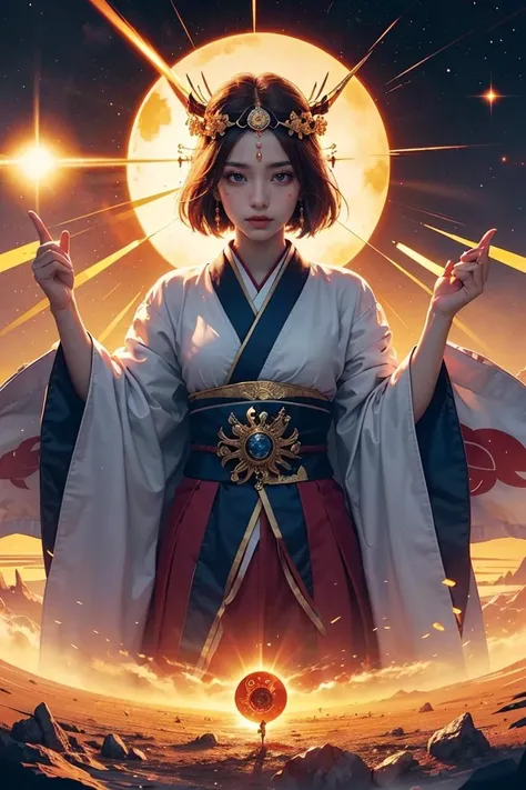 masterpiece, best quality,unity 8k wallpaper, ultra detailed, beautiful and aesthetic, beautiful, official art,
amaterasu priestess, sun disk, solar flare spell, sun goddess's blessing, divine intervention,