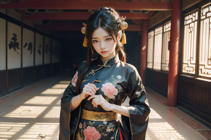 1girl in Chinese traditional clothing, masterpiece, best quality, making friends with the Chinese dragon, fun, happy, bright, long, Chinese traditional indoor, (Chen Uen style art:1.5), (Chinese ink western style art:1.5),