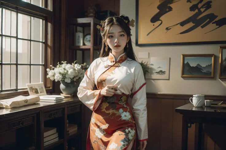 1girl in Chinese traditional clothing, masterpiece, best quality, making friends with the Chinese dragon, fun, happy, bright, long, Chinese traditional indoor, (Chen Uen style art:1.5), (Chinese ink western style art:1.5),