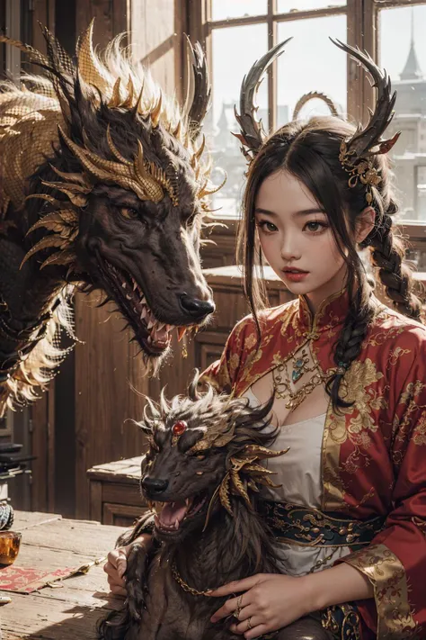 1girl, masterpiece, best quality, making friends with the Chinese dragon, fun, happy, bright, loong,