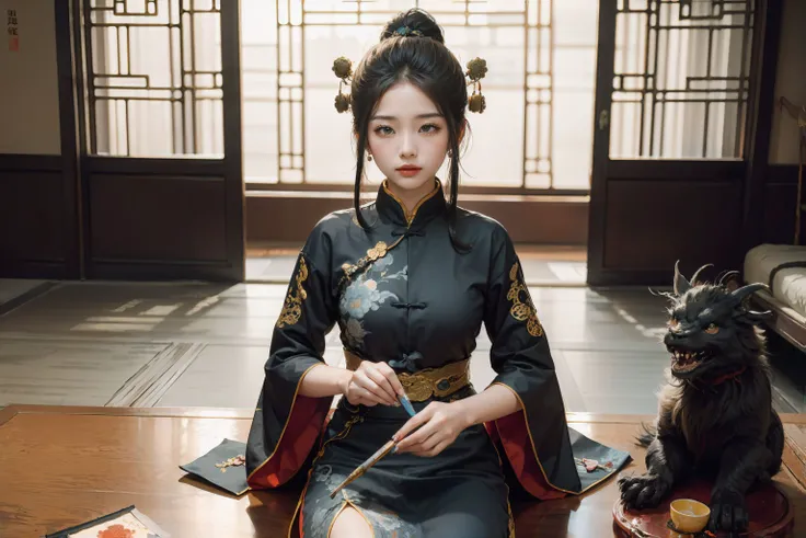 1girl in Chinese traditional clothing, masterpiece, best quality, making friends with the Chinese dragon, fun, happy, bright, long, Chinese traditional indoor, (Chen Uen style art:1.5), (Chinese ink western style art:1.5),