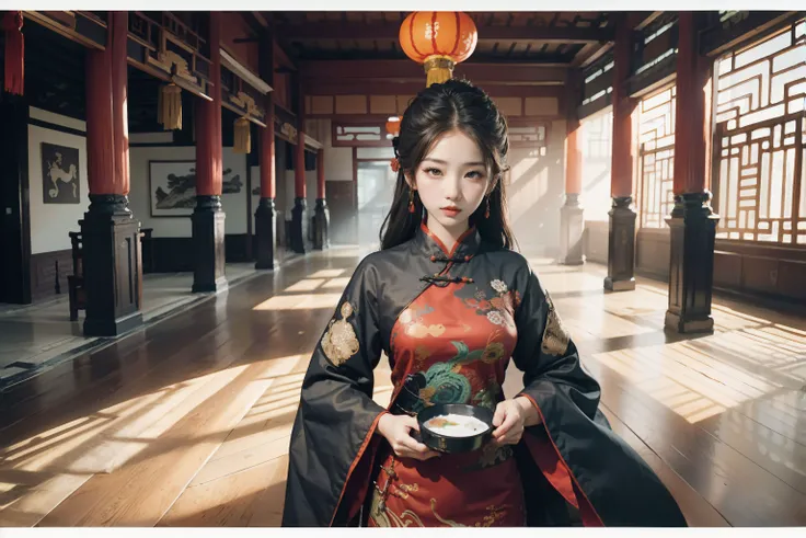 1girl in Chinese traditional clothing, masterpiece, best quality, making friends with the Chinese dragon, fun, happy, bright, long, Chinese traditional indoor, (Chen Uen style art:1.5), (Chinese ink western style art:1.5),