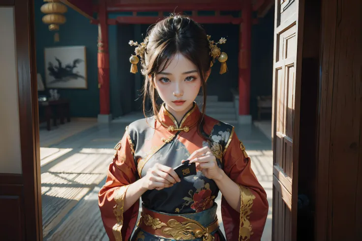 1girl in Chinese traditional clothing, masterpiece, best quality, making friends with the Chinese dragon, fun, happy, bright, long, Chinese traditional indoor, (Chen Uen style art:1.5), (Chinese ink western style art:1.5),