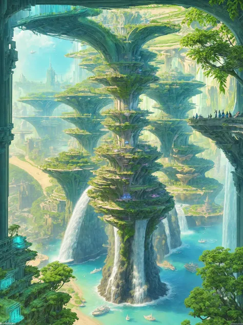 aerial view, stacked architecture city on giant towers and rings with many arches and bridges and flowering terraces, colorful vegetation, sci-fi futuristic architecture, waterfalls, many boats and ships, a matte painting by james gurney, trending on cgsociety, oversaturated, ultra sharp, hyper realistic