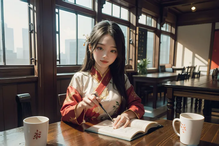 1girl in Chinese traditional clothing, masterpiece, best quality, making friends with the Chinese dragon, fun, happy, bright, long, Chinese traditional indoor,