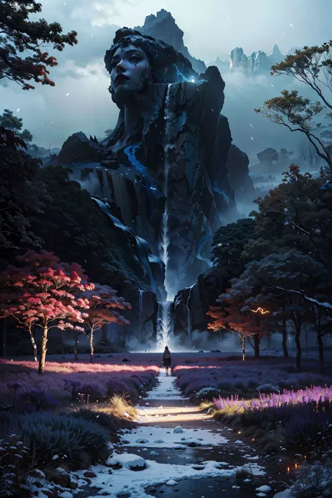 official art, unity 8k wallpaper, ultra detailed, aesthetic, masterpiece, best quality, (photorealistic:1.2), Luminous roseA high-definition CG rendering of a dark rose forest. a rose path, long floating blue roses on the ground, fireflies, luminous ovules and lava crystal light effects, snowstorm style art trend, magical light fog, low light at night