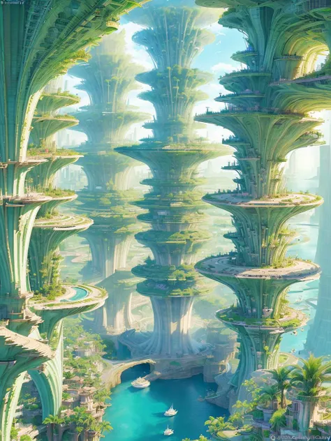 aerial view, stacked architecture city on giant towers and rings with many arches and bridges and flowering terraces, colorful vegetation, sci-fi futuristic architecture, waterfalls, many boats and ships, a matte painting by james gurney, trending on cgsociety, oversaturated, ultra sharp, hyper realistic