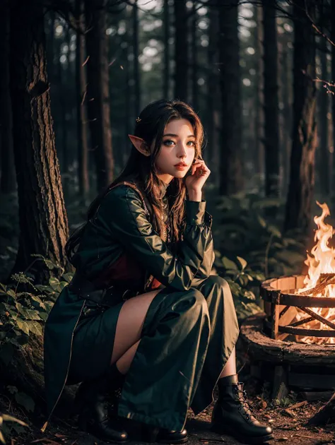 1girl, solo, official art, unity 8k wallpaper, ultra detailed, beautiful and aesthetic, masterpiece, best quality, photorealistic, elf, glowworm, in the wood of (firefly:1.3), bonfire, dark theme <lora:lowra_v10:0.5>