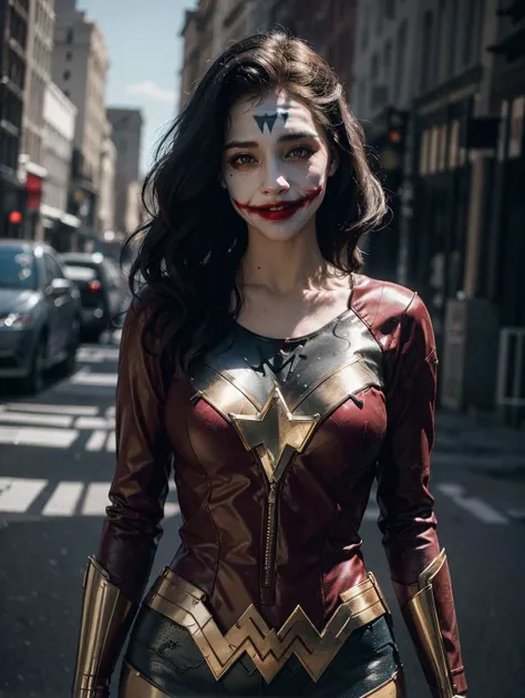 (joker) in wonderwoman suit, official art, unity 8k wallpaper, ultra detailed, aesthetic, masterpiece, best quality, photorealistic, dark theme <lora:lowra_v10:0.5> crazy smile, waist up
