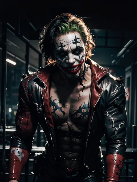 (joker) as (venom:1.2), mascular, official art, unity 8k wallpaper, ultra detailed, aesthetic, masterpiece, best quality, photorealistic, dark theme <lora:lowra_v10:0.5>  crazy smile, waist up