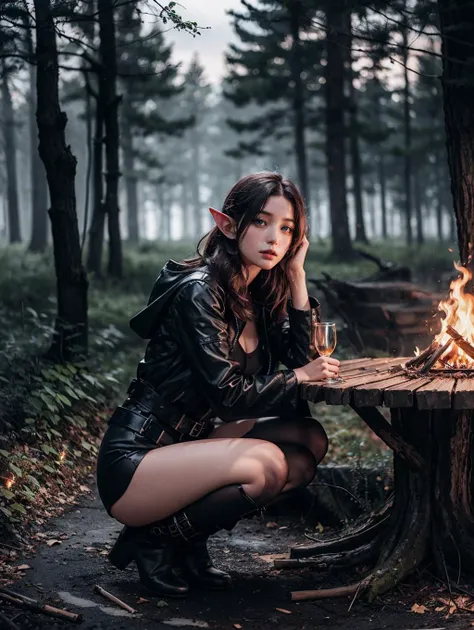 1girl, solo, official art, unity 8k wallpaper, ultra detailed, beautiful and aesthetic, masterpiece, best quality, photorealistic, elf, glowworm, in the wood of (firefly:1.3), bonfire, dark theme <lora:lowra_v10:0.5>