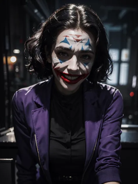 official art, unity 8k wallpaper, ultra detailed, aesthetic, masterpiece, best quality, photorealistic, dark theme <lora:lowra_v10:0.5> joker sex, crazy smile, waist up