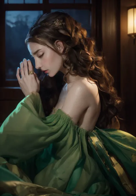 ((smile)),((night:1.5)),(1girl:1.3),solo,((sit by the window)),(lifelike rendering, immersive atmosphere, moody lighting,glowing ambiance, enchanting radiance, luminous lighting, ethereal atmosphere, mesmerizing glow, evocative hues, captivating coloration, dramatic lighting, enchanting aura:0.9),official art, unity 8k wallpaper, ultra detailed, beautiful and aesthetic, beautiful, masterpiece, best quality,Fantastical Atmosphere, Calming Palette, Tranquil Mood, Soft Shading,(a girl with brown hair wearing a green dress, natalie shau, cate blanchett as medieval queen, prayer, amy judd, elden ring, amazing portrait of viego, head in hands, pale pointed ears, awarded winning photo, medieval photograph, pray, grace, priest),
<lora:oc_v10:0.25> <lora:lowra_v10:0.5><lora:wanglikun_v2:1>