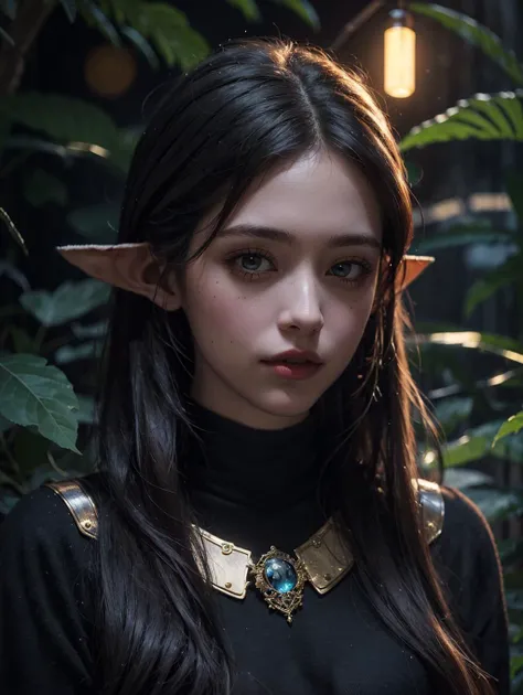 1girl, solo, official art, unity 8k wallpaper, ultra detailed, beautiful and aesthetic, masterpiece, best quality, photorealistic, elf, glowworm, in the wood of (firefly:1.3), bonfire, dark theme <lora:lowra_v10:0.5>