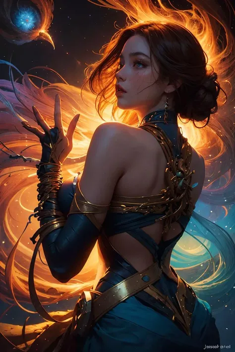 a woman, 1girl, (from behind),
official art,
masterpiece, best quality, ultra detailed,
intricate details, ultra realistic details, illustration,
(tangle, entangle),
dynamic angle,
[dark, black_background],
<lora:epiNoiseoffset_v2:0.5>,
((magical, cosmic, aura, wisp, wispy)),
messy,
aesthetic,
beautiful,
chaos,
elegant,
brutalist,
vivid colors,
romanticism,
atmospheric,
(
Leonid Aftremov,
Karol Bak,
Anato Finnstark,
Josephine Wall,
James Jean,
Alex Grey,
Justin Gerard,
Derek Gores,
),