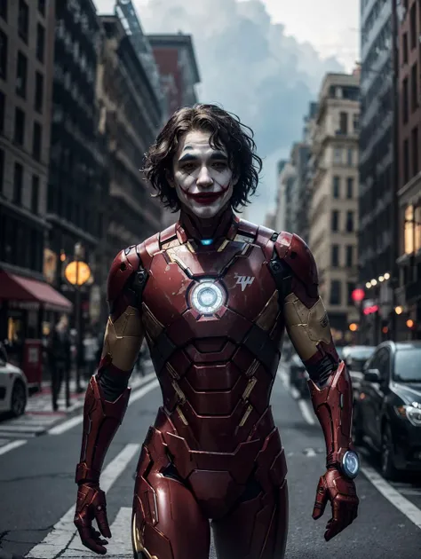 joker in ironman suit, official art, unity 8k wallpaper, ultra detailed, aesthetic, masterpiece, best quality, photorealistic, dark theme <lora:lowra_v10:0.5> crazy smile, waist up