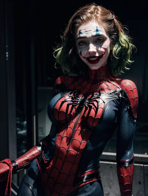 (joker) as (spider man), 1girl, long green hair, large breast, official art, unity 8k wallpaper, ultra detailed, aesthetic, masterpiece, best quality, photorealistic, dark theme <lora:lowra_v10:0.5>  crazy smile, (open mouth) waist up