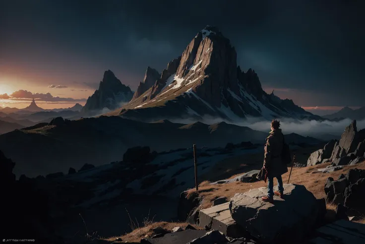 a highly detailed matte painting of a man on a hill watching a giant girl, by makoto shinkai, by artgerm, by wlop, by greg rutkowski, volumetric lighting, octane render, 4k resolution, trending on artstation, masterpiece <lora:lowra_v10:0.5>