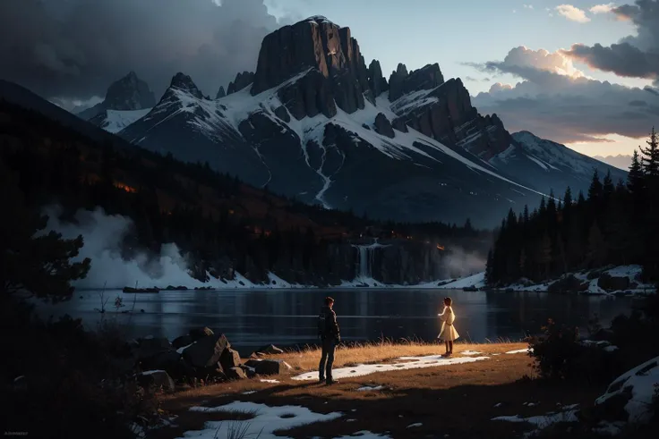 a highly detailed matte painting of a man on a hill watching a giant girl, by makoto shinkai, by artgerm, by wlop, by greg rutkowski, volumetric lighting, octane render, 4k resolution, trending on artstation, masterpiece <lora:lowra_v10:0.5>