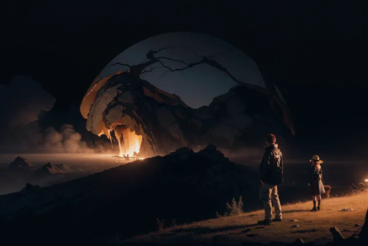 a highly detailed matte painting of a man on a hill watching a giant girl, by makoto shinkai, by artgerm, by wlop, by greg rutkowski, volumetric lighting, octane render, 4k resolution, trending on artstation, masterpiece <lora:lowra_v10:0.5>