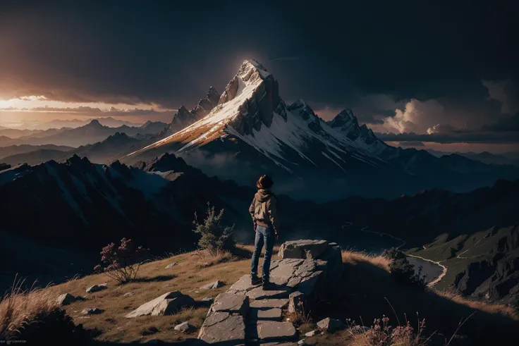 a highly detailed matte painting of a man on a hill watching a giant girl, by makoto shinkai, by artgerm, by wlop, by greg rutkowski, volumetric lighting, octane render, 4k resolution, trending on artstation, masterpiece <lora:lowra_v10:0.5>