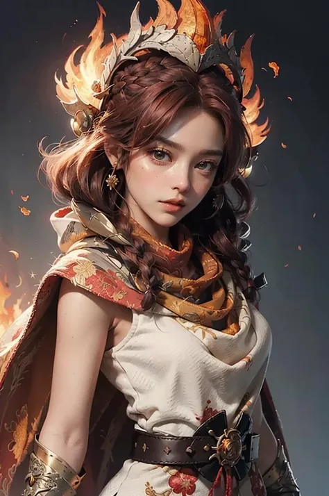 fire_deity, (red ember hair), flame_crown, ([brocade robe|fire-inspired gown]:1.3), [phoenix_cape::10], orange ([cowl:gold trim:0.4]:1.7) blazing on ([volcano cloak:solar cape:0.4]:1.5), forehead, controlling_fire, crimson eyes, waist_belt, obsidian_cuffs, volcanic_lair, fire_fan, [spiky, sunburst_braid:0.1], [gloves, fire_lantern, ember skirt:0.4],
Expressive Hues, Vibrant Palette,Dynamic Brushwork,sharp focus,
 <lora:oc_v10:0.25>