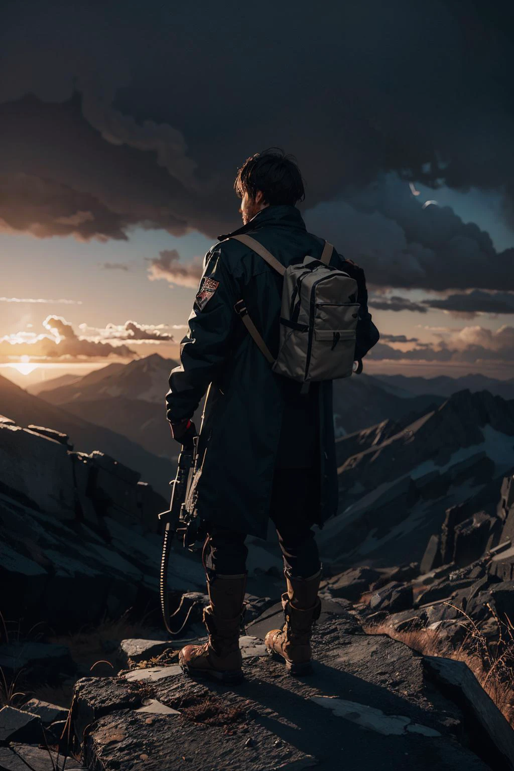 a highly detailed matte painting of a man on a hill watching a giant monster, makoto shinkai, by artgerm, by wlop, by greg rutkowski, volumetric lighting, octane render, 4k resolution, trending on artstation, masterpiece <lora:lowra_v10:0.5>