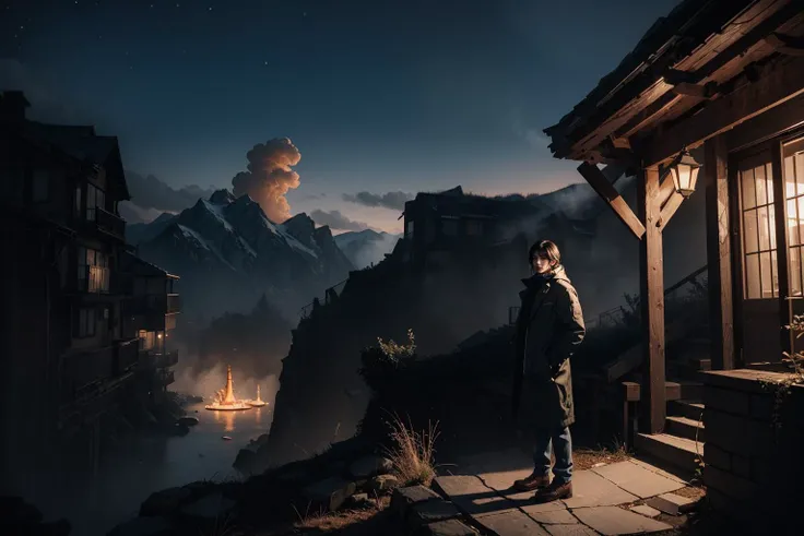 a highly detailed matte painting of a man on a hill watching a giant girl, by makoto shinkai, by artgerm, by wlop, by greg rutkowski, volumetric lighting, octane render, 4k resolution, trending on artstation, masterpiece <lora:lowra_v10:0.5>