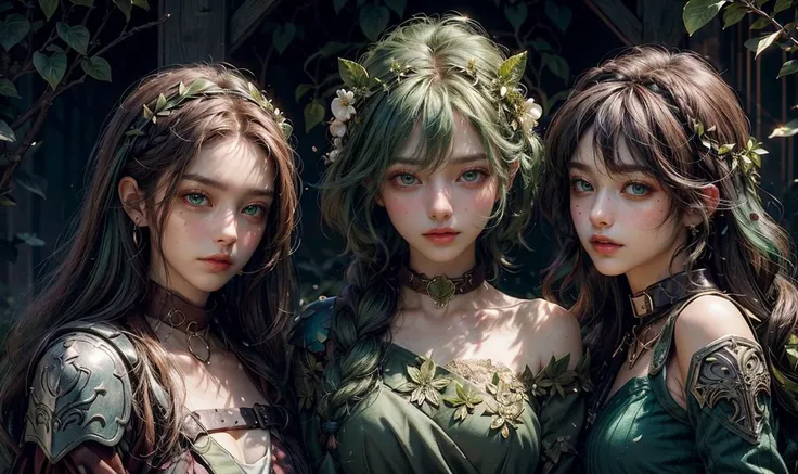 forest_sprite, (green leafy hair), flower_crown, ([bark_armor|vines_wrapped_top]:1.3), [thorn_bracers::10], moss ([collar:petal trim:0.4]:1.7) growing on ([wooden pauldron:flower shoulder:0.4]:1.5), forehead, charming, emerald eyes, vine_belt, seedling_cuffs, hidden_grove, acorn_pouch, [twisted, ivy_braid:0.1], [gloves, mushroom_staff, petal_skirt:0.4],
offshoulder,
Expressive Hues, Vibrant Palette,Dynamic Brushwork,sharp focus,
 <lora:oc_v10:0.25>   <lora:lowra_v10:0.4> <lora:add_detail:0.8>
