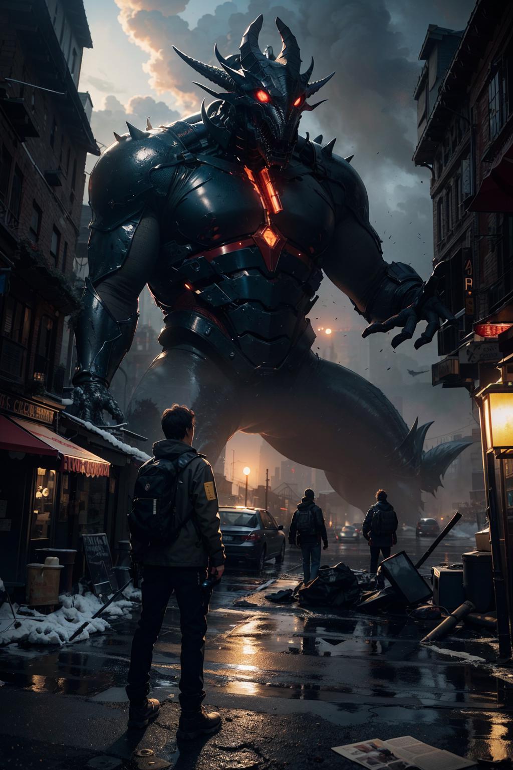 A man standing in front of a giant monster in a city - SeaArt AI