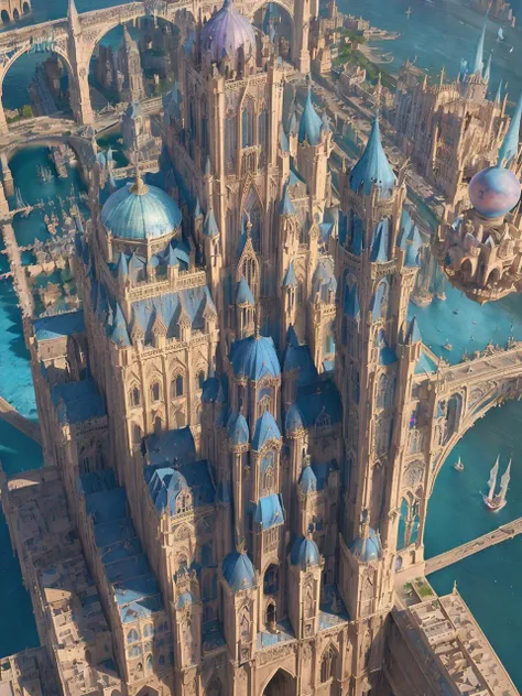 aerial view, stacked architecture city on giant towers and rings with many arches and bridges and gothic cathedrals with flying buttresses, (colorful vegetation:1.3), waterfalls, many boats and ships, a matte painting by james gurney, trending on cgsociety, oversaturated, ultra sharp, hyper realistic