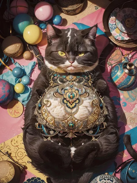 (fat cute cat:1.5) official art, unity 8k wallpaper, ultra detailed, beautiful and aesthetic, masterpiece, best quality, realistic, (zentangle, mandala, tangle, entangle), pov from above, extremely detailed, dynamic angle, the most beautiful form of chaos, elegant, a brutalist designed, vivid colours, romanticism, zhongfenghua <lora:zhongfenghua:0.5>