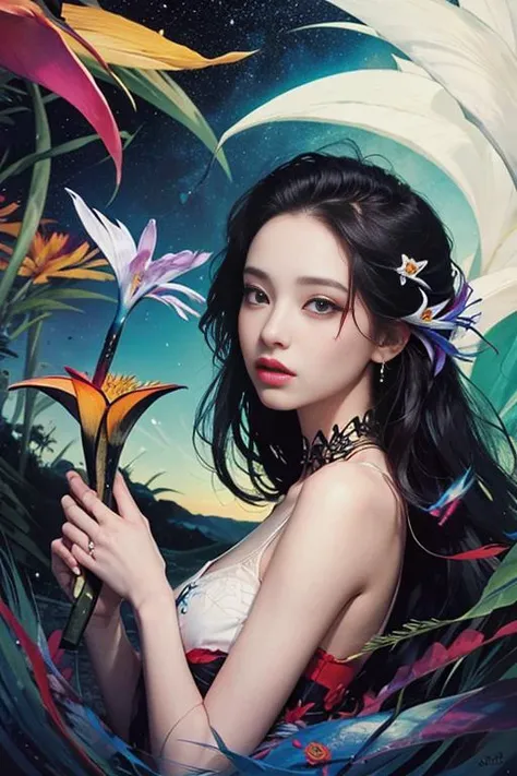 (vibrant:1.4), official art, unity 8k wallpaper, ultra detailed, beautiful and aesthetic, masterpiece, best quality, (zentangle, mandala, tangle, entangle), 1girl, extremely detailed, dynamic angle, pale skin, black hair, black eyes, iuminosity, cowboyshot, the most beautiful form of chaos, elegant, a brutalist designed, vivid colors, romanticism, by james jean, roby dwi antono, ross tran, francis bacon, michal mraz, adrian ghenie, petra cortright, gerhard richter, takato yamamoto, ashley wood, atmospheric, ecstasy of musical notes, streaming musical notes visible, (flowers in full bloom:1.4), (bird of paradise:1.3), (deep forest:1.1), (milky way:1.3),