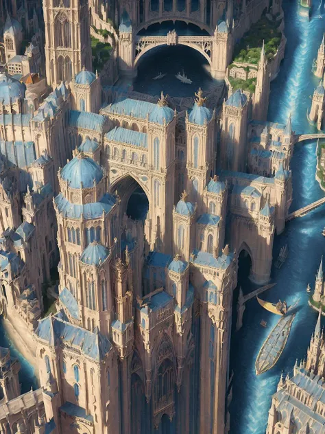 aerial view, stacked architecture city on giant towers and rings with many arches and bridges and gothic cathedrals with flying buttresses, (colorful vegetation:1.3), waterfalls, many boats and ships, a matte painting by james gurney, trending on cgsociety, oversaturated, ultra sharp, hyper realistic