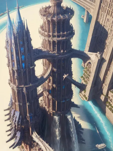 aerial view, stacked architecture city on giant towers and rings with many arches and bridges and sci-fi crystal cathedrals with flying buttresses, waterfalls, many boats and ships, a matte painting by james gurney, trending on cgsociety, oversaturated, ultra sharp, hyper realistic