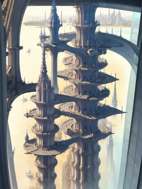 aerial view, stacked architecture city on giant towers and rings with many arches and sci-fi glass cathedrals with flying buttresses, waterfalls, many boats and ships, a matte painting by james gurney, trending on cgsociety, oversaturated, ultra sharp, hyper realistic