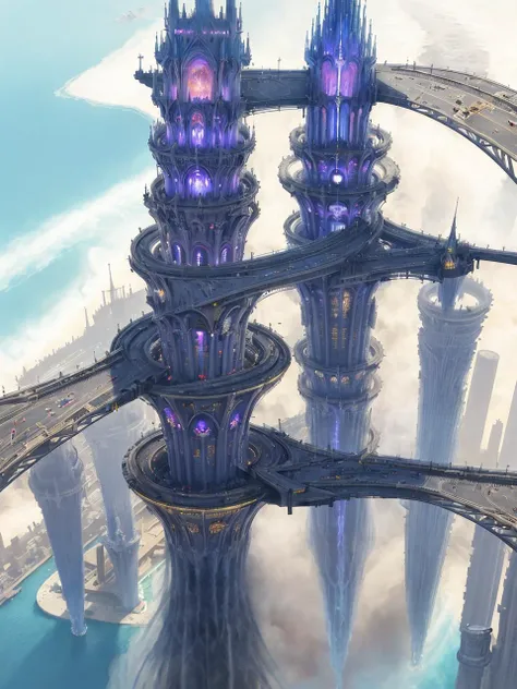 aerial view, stacked architecture city on giant towers and rings with many arches and bridges and sci-fi glass cathedrals with flying buttresses, waterfalls, many boats and ships, a matte painting by james gurney, trending on cgsociety, oversaturated, ultra sharp, hyper realistic