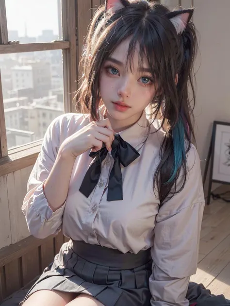 1girl, twintails, multicolored hair, hair ornament, hair over one eye, cat ears, blue eyes, blue hair, pink hair, smile, bow, solo, indoors, makeup, pleated skirt, long hair, bangs, pink nails, open mouth ,the most beautiful form of chaos, elegant, a brutalist designed, vivid colours, romanticism, atmospheric, (RAW photo, best quality), (realistic, photo-realistic:1.3), masterpiece, an extremely delicate and beautiful, extremely detailed, sitting,