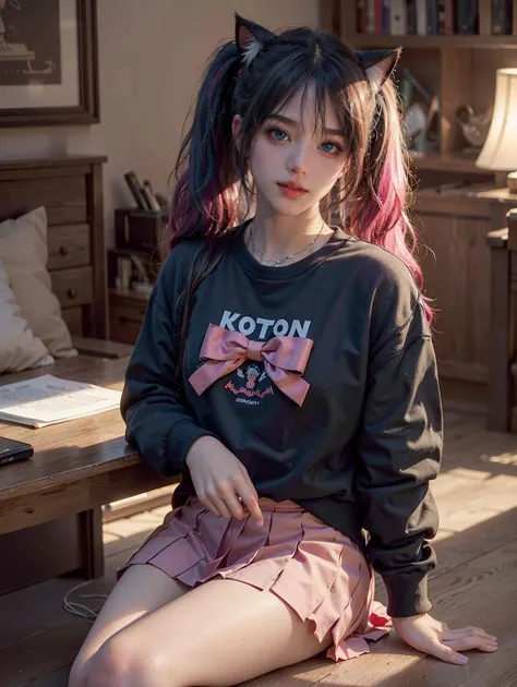 1girl, twintails, multicolored hair, hair ornament, hair over one eye, cat ears, blue eyes, blue hair, pink hair, smile, bow, solo, indoors, makeup, pleated skirt, long hair, bangs, pink nails, open mouth ,the most beautiful form of chaos, elegant, a brutalist designed, vivid colours, romanticism, atmospheric, (RAW photo, best quality), (realistic, photo-realistic:1.3), masterpiece, an extremely delicate and beautiful, extremely detailed, sitting