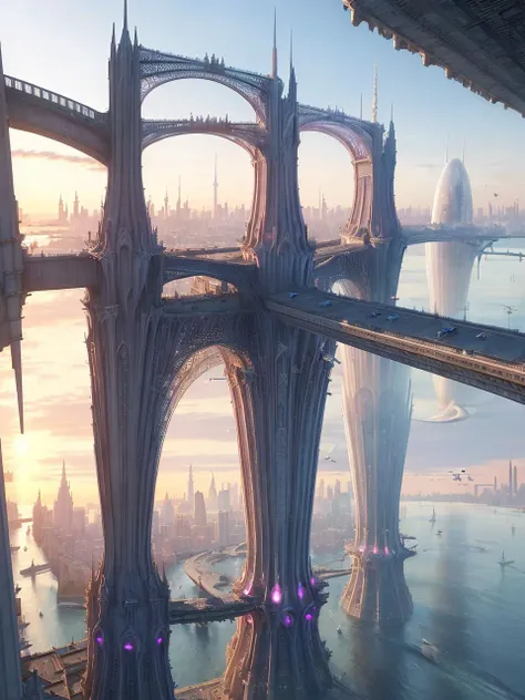 aerial view, stacked architecture city on giant towers and rings with many arches and bridges and sci-fi glass cathedrals with flying buttresses,  waterfalls, many boats and ships, a matte painting by james gurney, trending on cgsociety, oversaturated, ultra sharp, hyper realistic