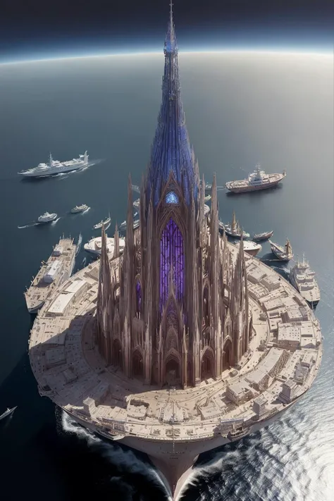 aerial view, stacked architecture city on giant towers and rings with many arches and sci-fi metallic cathedrals with flying buttresses,  many boats and ships, a matte painting by james gurney, trending on cgsociety, oversaturated, ultra sharp, hyper realistic