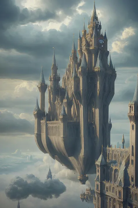 aerial view, steampunk zeppelin landing on a colossal castle floating in the clouds with many towers and spires, minas tirith, highly detailed, high resolution, dramatic lighting, detailed acrylic, intricate complexity, soft natural volumetric cinematic perfect light, oil painting