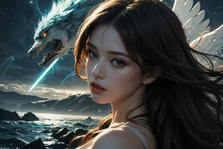 (best quality)), ((masterpiece)), ((realistic)), ((beautiful)), An angelic woman, with wings spread wide, fiercely battles against the devil in a fiery and epic showdown. Her golden armor glows in the intense light, and her sword strikes with the force of a hurricane. The devil snarls and spits flames, but the angel remains undeterred, her determination etched into her serene expression. The skies darken with the intensity of their battle, and lightning cracks across the horizon. It is a fight of good versus evil, of light against darkness, and the angel will not rest until she emerges victorious.official art, unity 8k wallpaper, ultra detailed, beautiful and aesthetic, masterpiece, best quality, (zentangle, mandala, tangle, entangle), 1girl, extremely detailed, dynamic angle, cowboyshot, the most beautiful form of chaos, elegant, a brutalist designed, vivid colours, romanticism, by james jean, roby dwi antono, ross tran, francis bacon, michal mraz, adrian ghenie, petra cortright, gerhard richter, takato yamamoto, ashley wood, atmospheric, ecstasy of musical notes, streaming musical notes visible