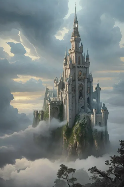 aerial view, colossal castle floating in the clouds with many towers and spires, minas tirith, highly detailed, high resolution, dramatic lighting, detailed acrylic, intricate complexity, soft natural volumetric cinematic perfect light, oil painting