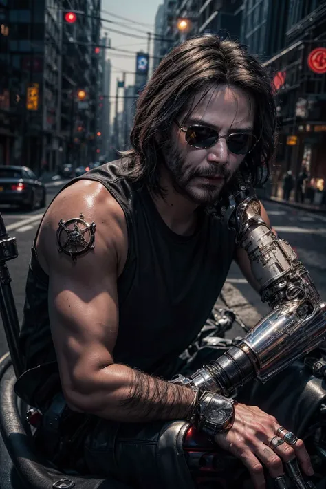 official art, unity 8k wallpaper, ultra detailed, beautiful and aesthetic, masterpiece, best quality, ((man)), long hair, ((Keanu Reeves as Johnny Silverhand)), black sleeveless shirt, (sunglasses), sitting, tower rooftop, portrait, close up, lean towards viewer, (techwear clothing cyberpunk style), ((silver metal prosthetic left arm)), outdoors