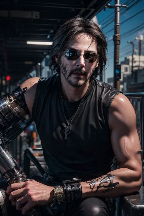 official art, unity 8k wallpaper, ultra detailed, beautiful and aesthetic, masterpiece, best quality, ((man)), long hair, ((Keanu Reeves as Johnny Silverhand)), black sleeveless shirt, (sunglasses), sitting, tower rooftop, portrait, close up, lean towards viewer, (techwear clothing cyberpunk style), ((silver metal prosthetic left arm)), outdoors
