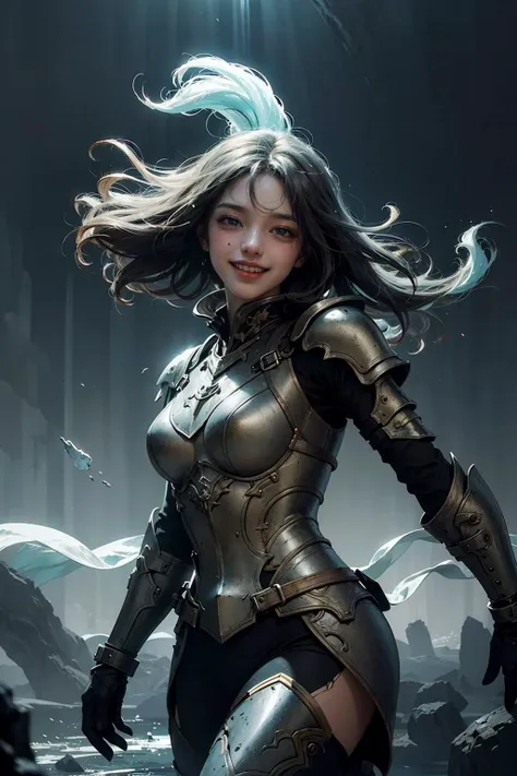 1girl, shiny armor, laughing, Subtle narrative, enigmatic atmosphere, atmospheric perspective, fluid movement, ethereal quality,solo,low fantasy,Lively Brushwork, Striking Composition, Psychedelic Imagery,