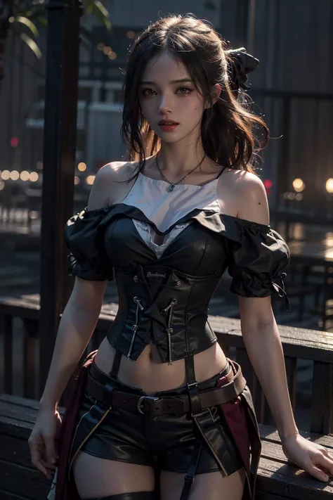 (masterpiece), best quality, ultra high res, close up, slim body, 1girl,long hair, laughing, (pirate), bare shoulders, dress,corset, on deck, photon mapping, radiosity, physically-based rendering, cinematic lighting, intricate, High Detail, Sharp focus, dramatic, photorealistic