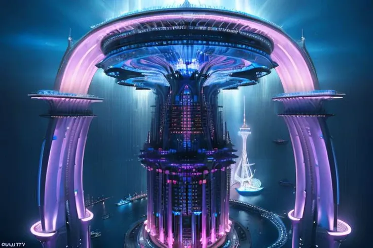 aerial view, stacked architecture city on giant towers and rings with many arches, blue neon lights, waterfalls, many boats and ships, a matte painting by james gurney, trending on cgsociety, oversaturated, ultra sharp, hyper realistic