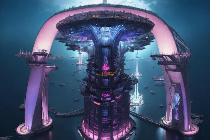 aerial view, stacked architecture city on giant towers and rings with many arches,  harbor, blue neon lights, a matte painting by james gurney, trending on cgsociety, oversaturated, ultra sharp, hyper realistic